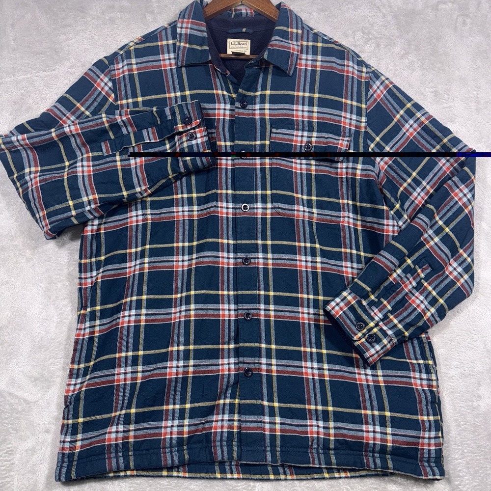 LL Bean Emerald Plaid Fleece Lined Shacket Jacket Large Traditional Fit 298189
